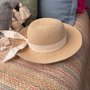 Furtalk Elegant Tan Sun Hat with Ribbon Size L/XL 7.5” round